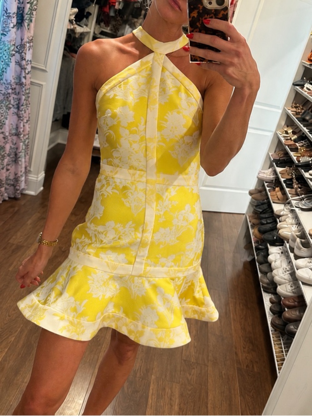 ALEXIS Solana Citrus Yellow White Floral Jacquard Halter Mini Dress S